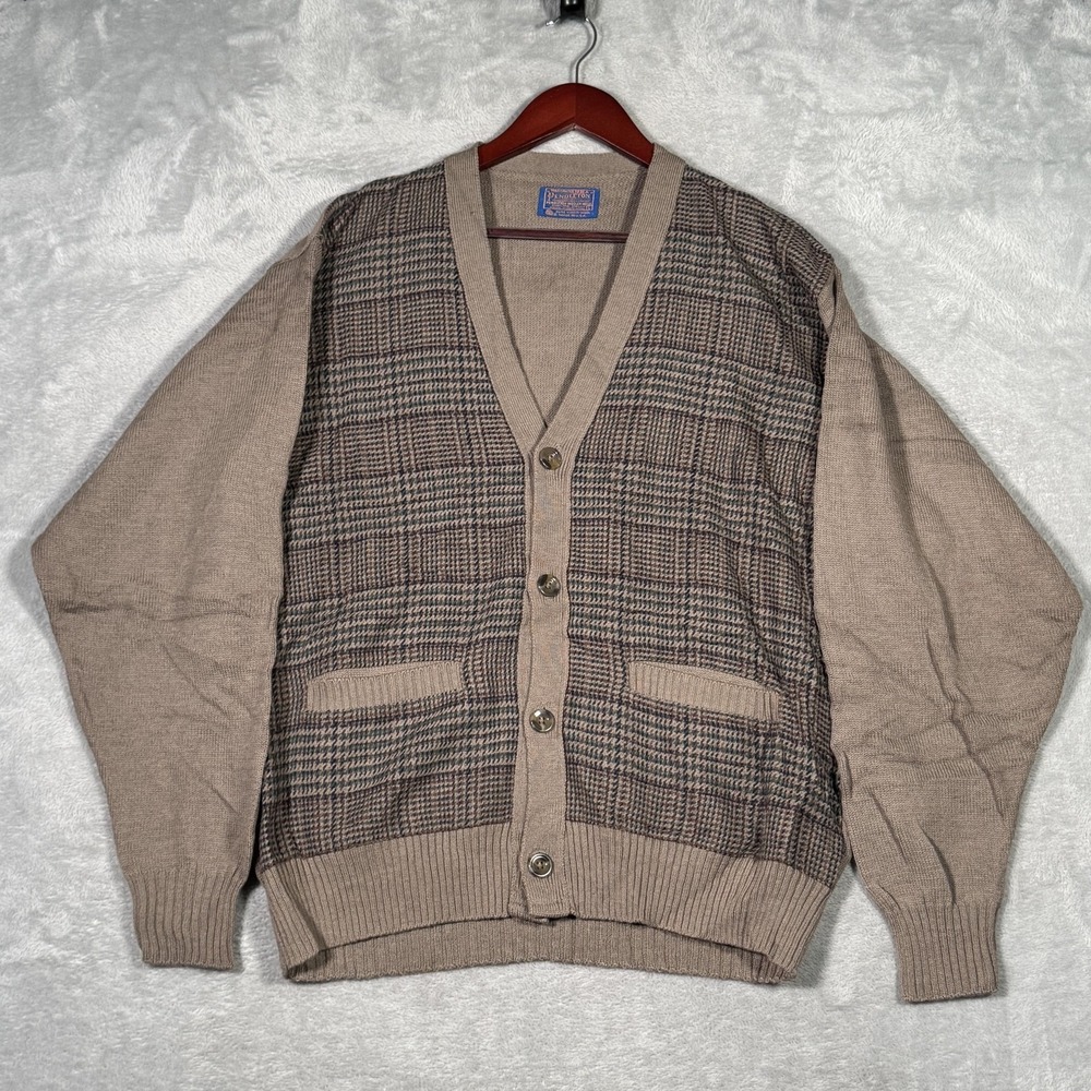 Vintage‎ Pendleton Sweater Mens Large Beige Wool V Neck Cardigan USA Pockets